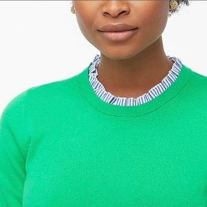 J Crew green sweater with poplin blue stripe ruffle collar